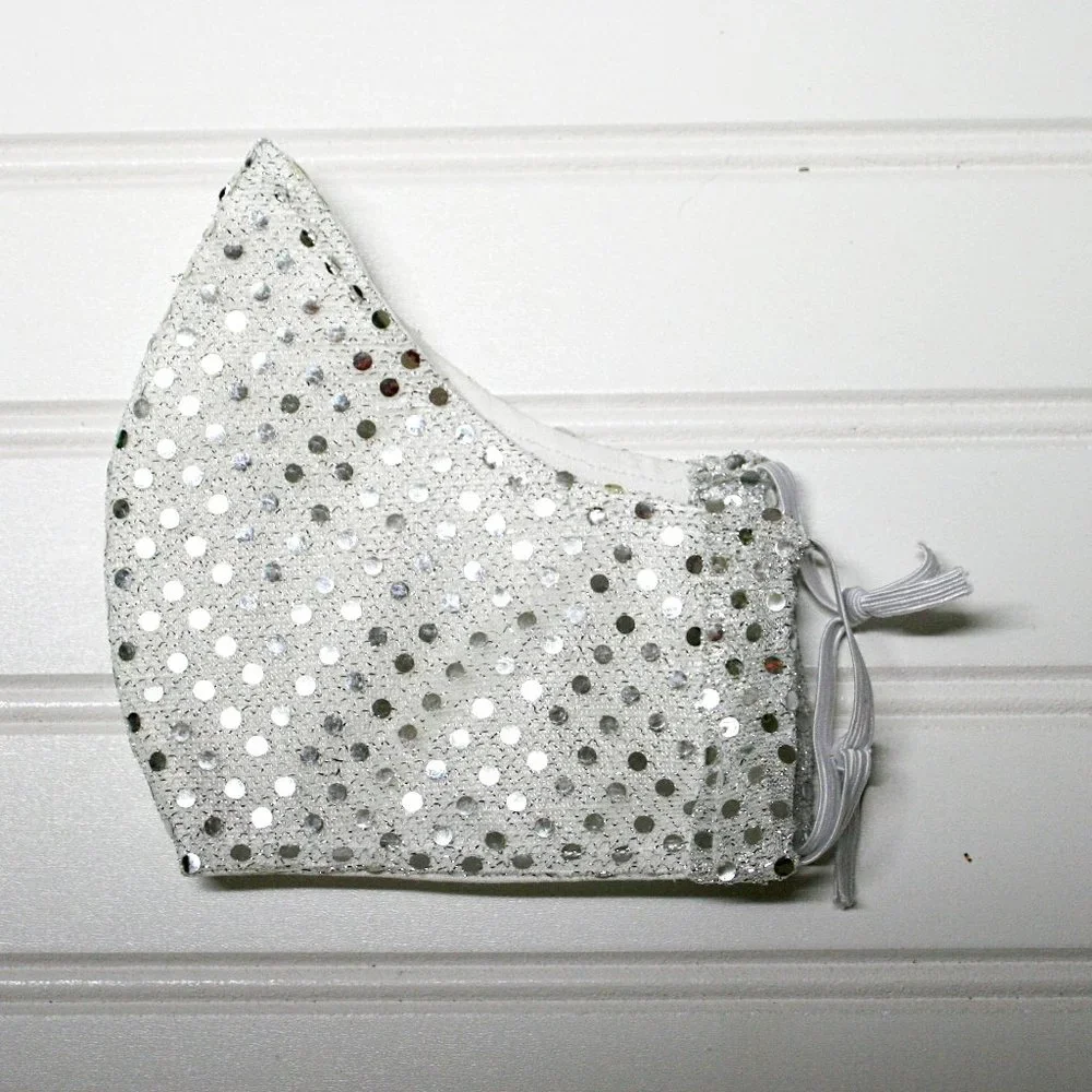HAND CRAFTED Face Mask Silver Confetti Dot Sequin - Adult - Shield Style - Picture 2 of 14
